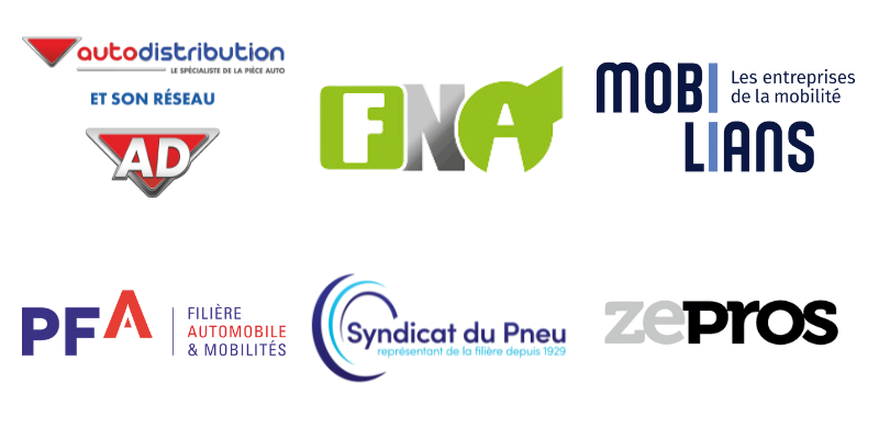 Logos AD, FNA, Mobilians, PFA, Syndicat du Pneu et ZEPROS, sponsors de l'événement The Extra Mile par EQUIP AUTO