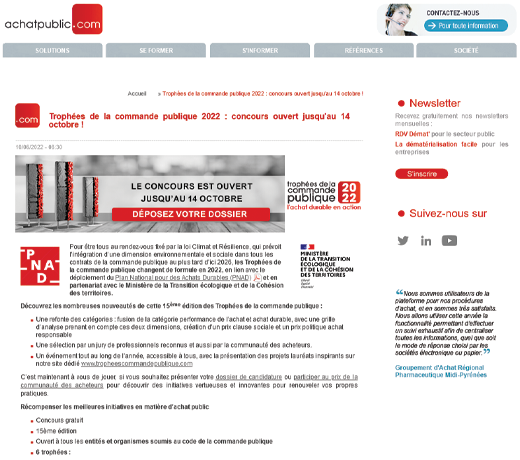  Trophées de la commande publique 2022 : concours ouvert jusqu'au 14 octobre !