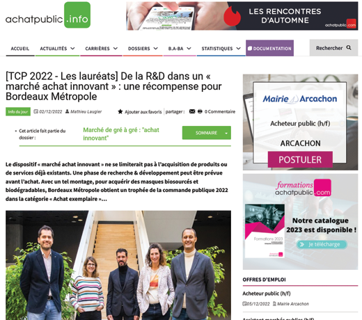 [TCP 2022 - Les lauréats] De la R&D dans un « marché achat innovant » : une récompense pour Bordeaux Métropole