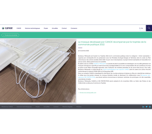 Le masque développé par CANOE récompensé par le trophée de la commande publique 2022