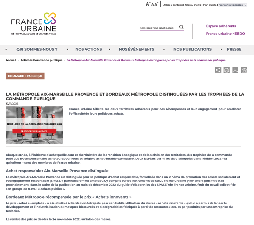 La Métropole Aix-Marseille Provence et Bordeaux Métropole distinguées par les Trophées de la commande publique