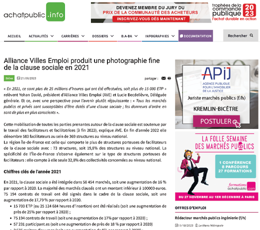 Alliance Villes Emploi produit une photographie fine de la clause sociale en 2021