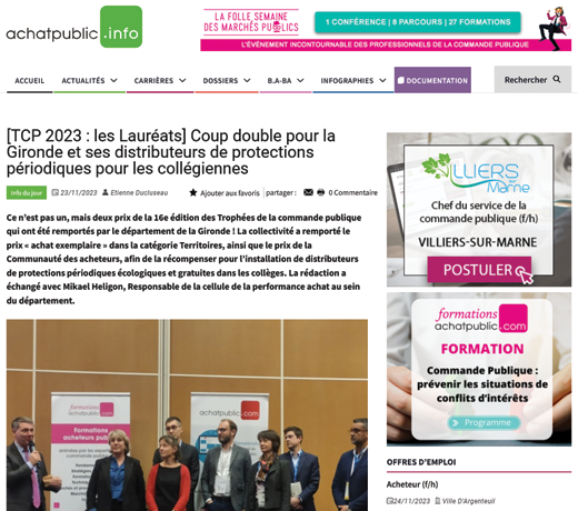 [TCP 2023 : les Lauréats] Coup double pour la Gironde et ses distributeurs de protections périodiques pour les collégiennes