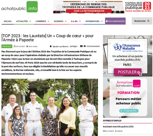 [TCP 2023 : les Lauréats] Un « Coup de cœur » pour l'Armée à Papeete