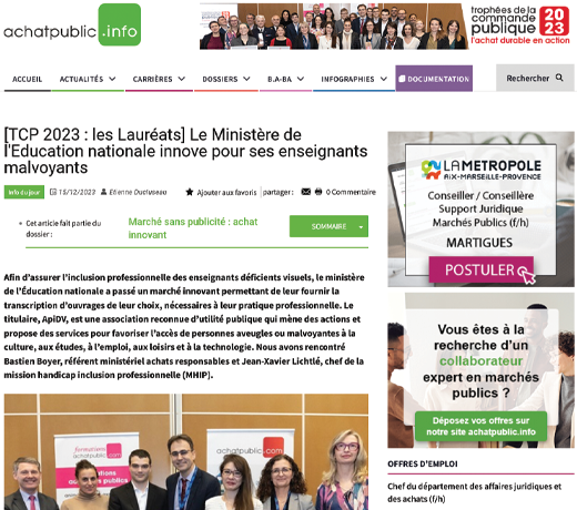 [TCP 2023 : les Lauréats] Le Ministère de l'Education nationale innove pour ses enseignants malvoyants