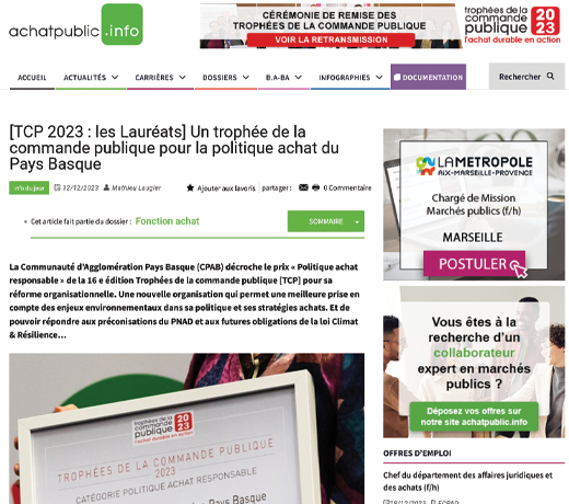[TCP 2023 : les Lauréats] Un trophée de la commande publique pour la politique achat du Pays Basque