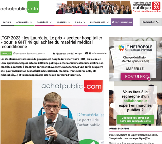 [TCP 2023 : les Lauréats] Le prix « secteur hospitalier » pour le GHT 49 qui achète du matériel médical reconditionné