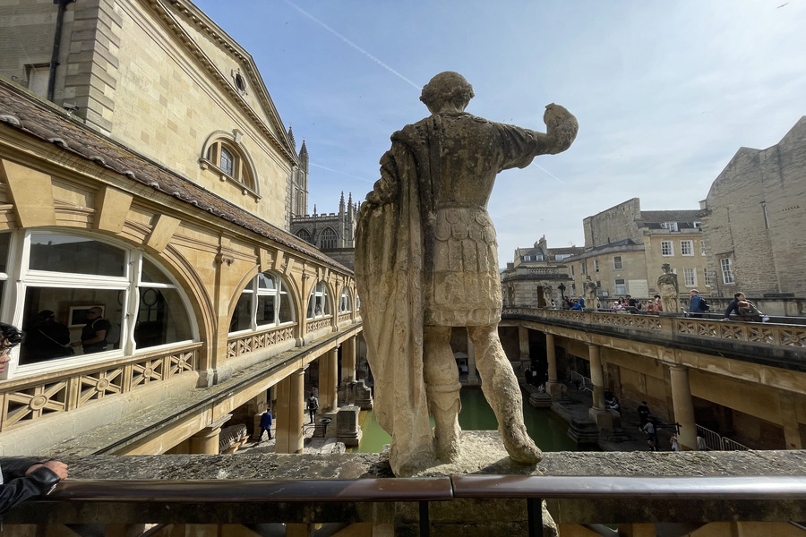 Roman statue on the terrace at the Roman Baths