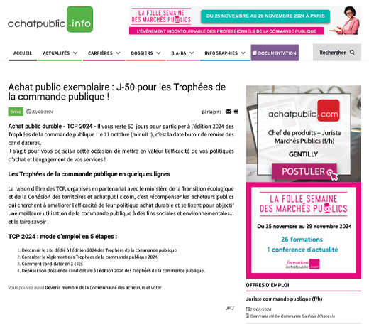  Achat public exemplaire : J-50 pour les Trophées de la commande publique !
