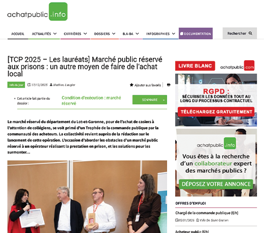 [TCP 2025 – Les lauréats] Marché public réservé aux prisons : un autre moyen de faire de l’achat local