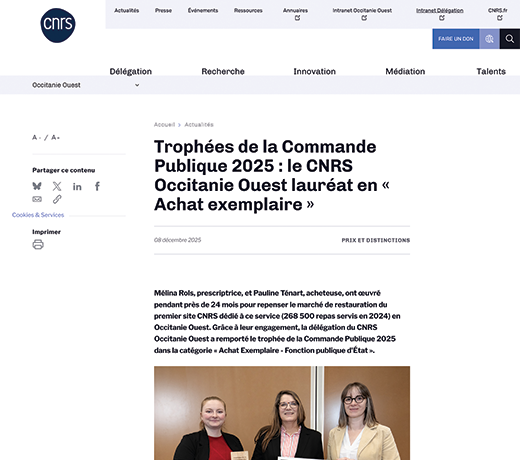 Trophées de la Commande Publique 2025 : le CNRS Occitanie Ouest lauréat en « Achat exemplaire » 