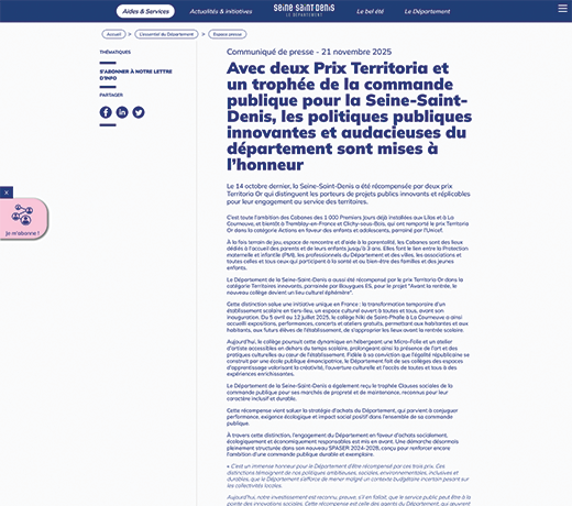 Avec deux Prix Territoria et un trophée de la commande publique pour la Seine-Saint-Denis, les politiques publiques innovantes et audacieuses du département sont mises à l’honneur 