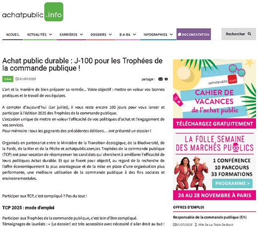 Achat public durable : J-100 pour les Trophées de la commande publique !