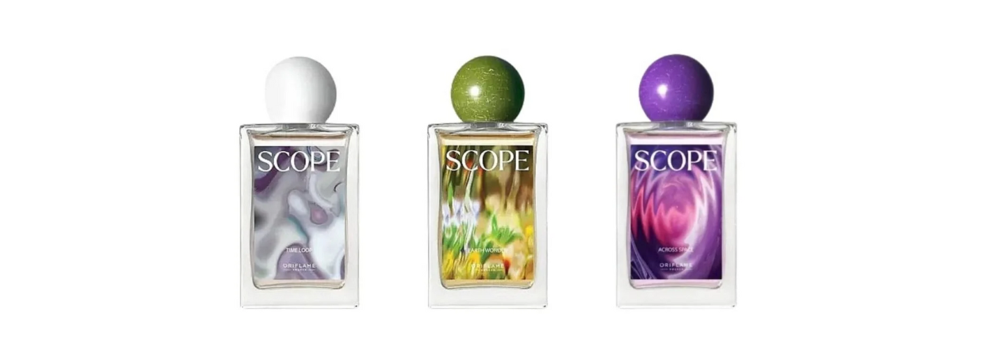 Des capots boule marbrés conçus par Texen pour la gamme Scope Eau de Toilette d’Oriflame