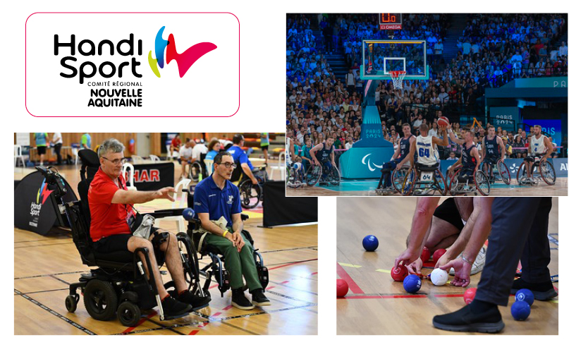 Logo Handisport et photos de gens pratiquant du basket fauteuil et de la boccia