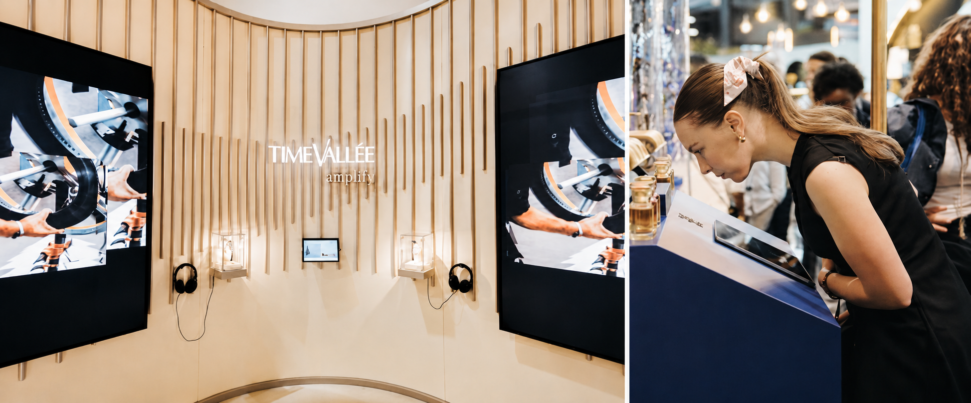 une exposition de produits responsables et durables avec des visiteurs qui regardent les étagères