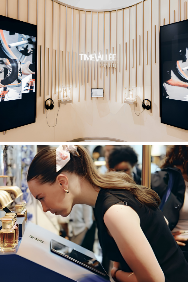 une exposition de produits responsables et durables avec des visiteurs qui regardent les étagères
