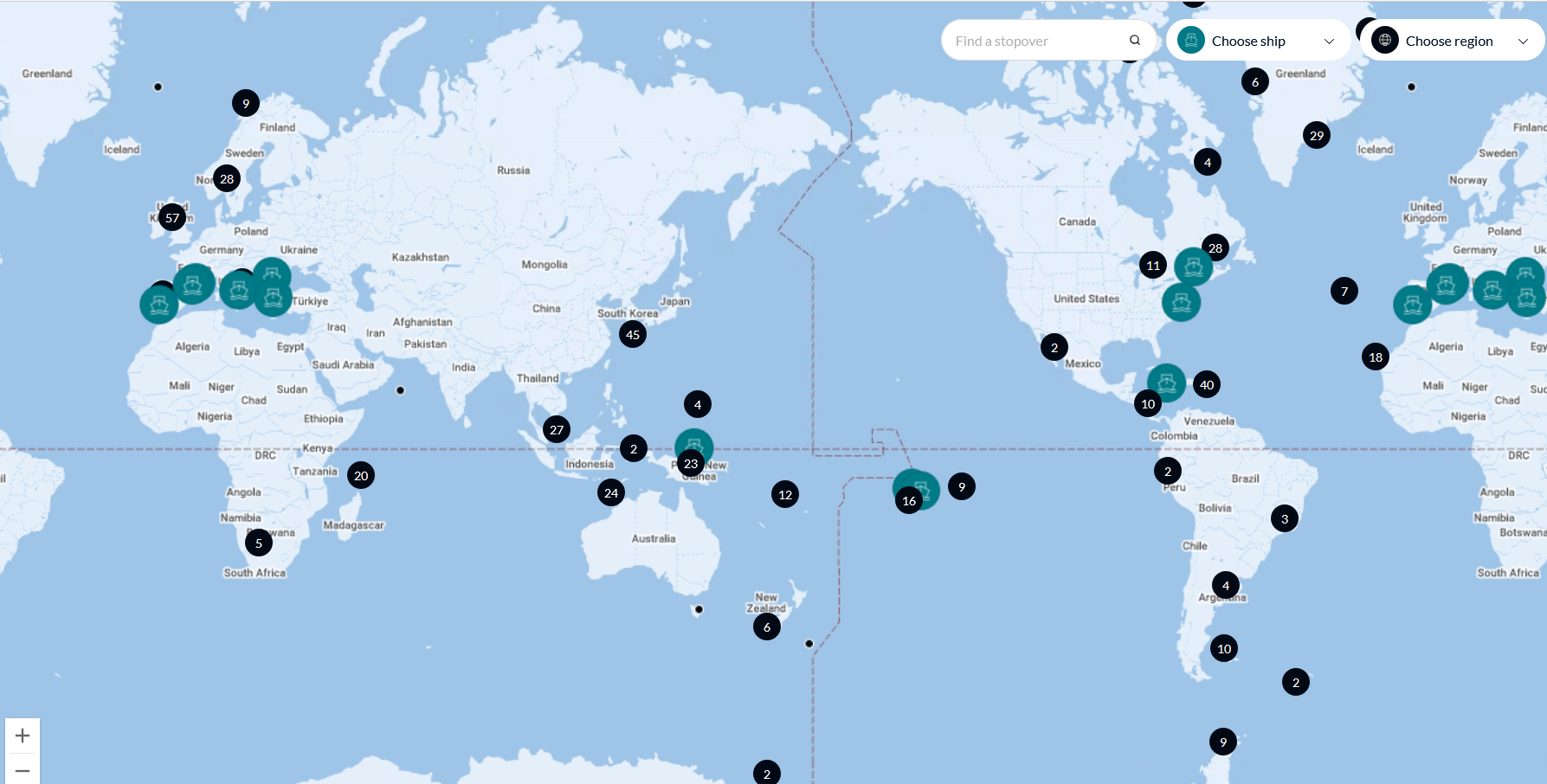 360 Map Showing Ponant Destinations